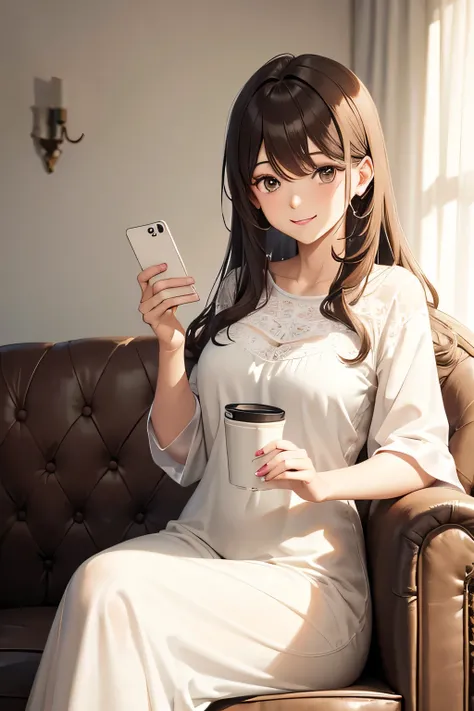 A young woman with long, wavy brown hair sitting on a comfortable sofa, holding a smartphone and smiling. She is wearing a light and airy off-white blouse, and the room is softly lit with natural light coming through sheer curtains. The background is minim...