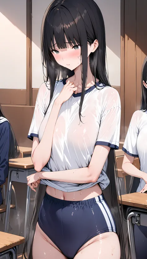 ((masterpiece,Best Quality:1.3,best quality illustrations)),portrait,cowboy shot,1 woman,adult,straight long hair,black hair,(very small head:1.2), long bangs between eyes,gray eyes,(gorgeous eyes)、shy,very long body:1.2,(School gym blue buruma,white T-shi...