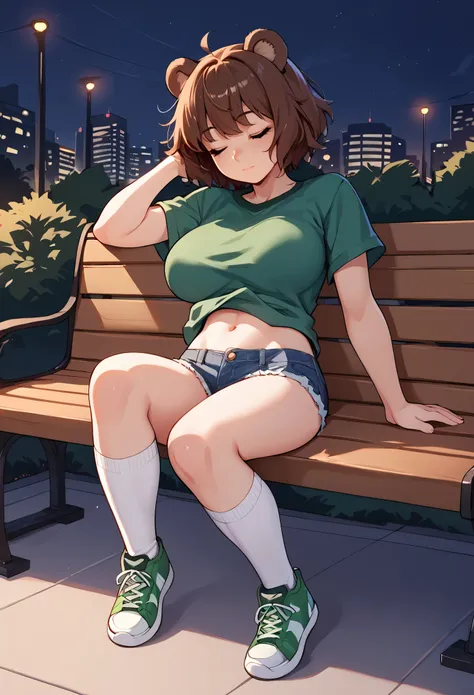 score_9_up, score_8_up, score_7_up, 1girl, solo, source_anime, hourglass figure, Big breasts, kemonomimi, bear ears, brown hair, short hair, messy_hair, closed eyes BREAK freckles, green shirt, short sleeves, navel, denim shorts, high socks, white socks, g...