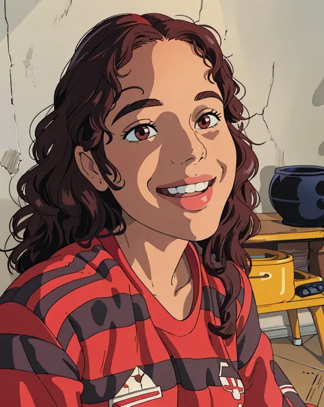 smiling woman with curly hair and red and black shirt in a room, malika favre, looks like fabiula nascimento, andrea rocha, happ...