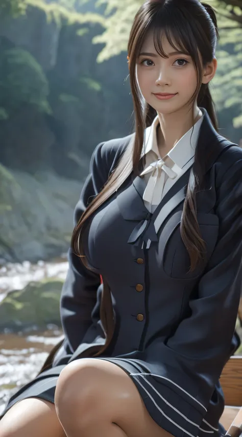  High Resolution , 8k, Realistic:1.5, Pre-Girl， ponytail，Breasts bigger than face, smile,  viewers, Japanese sailor uniform,Student loafers，photograph, Realisticな,  best quality, employee, Detailed face, sitting on a big rock by a river in the middle of th...