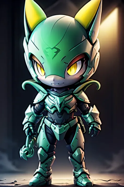 guchen,,chibi, yellow eyes,,glowing,sci-fi,neon lights,hyper real,photorealistic,16k,high detail,high resolution, ((green armor)...