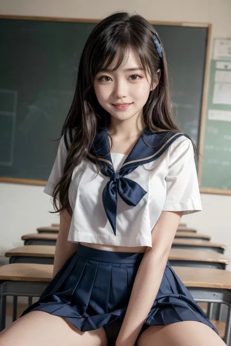 very cute and beautiful japanese school girl,teen,(Japanese idol),(highly detailed beautiful face:1.2),(symmetrical clear eyes:1.3),
(sailor school uniform,navy blue pleated mini skirt),(smile:1.2) BREAK sitting,(spread legs),arms behind back,
low angle,(p...