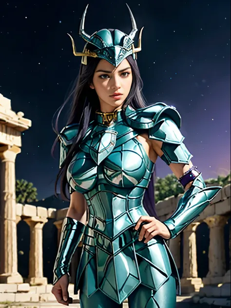 masterpiece, best quality, ultra high res, realistic skin texture, armature, (photorealistic:1.4), high resolution, raw photo, shiny skin, realistic skin texture, best lighting, sparkle, dramatic lighting, dynamic pose, (greek temple background:1.3), night...