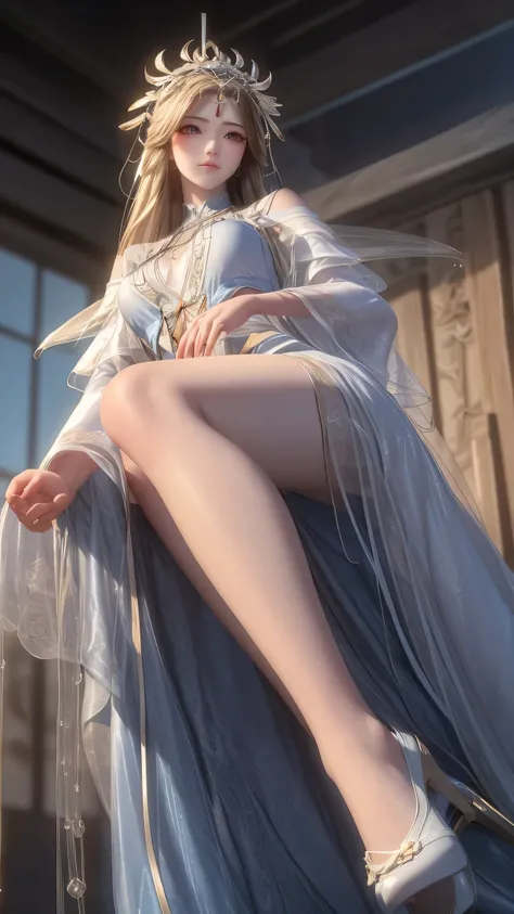 Very cute beauty, super bright and flawless shiny fair skin, bright pink blush, big blue eyes, long blonde hair, red ribbon in her hair, solid short off-the-shoulder white top, high heels, gentle arms, thick thighs, big ass, G cup breasts, hourglass body, ...
