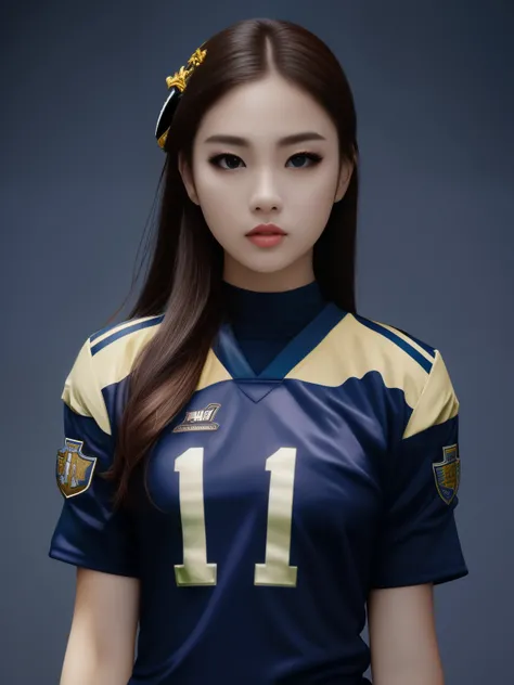 Masterpiece, superlative, realistic, Jennie wearing trendy football uniform, HD, photography and lighting, 16k