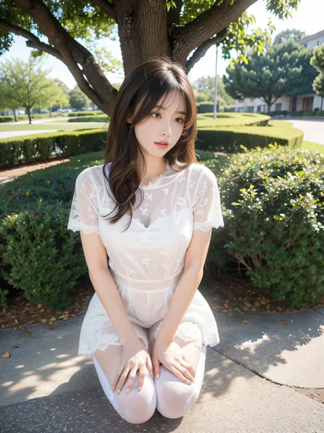 masterpiece,  best quality on the tree, Very detailed face,1 beautiful young girl, alone，White thin lace stockings，Kneeling on the ground， perfect body proportions，Medium length hair， slim body ，Ancient women&#39;s shoes，Simple solid color background，Off-s...