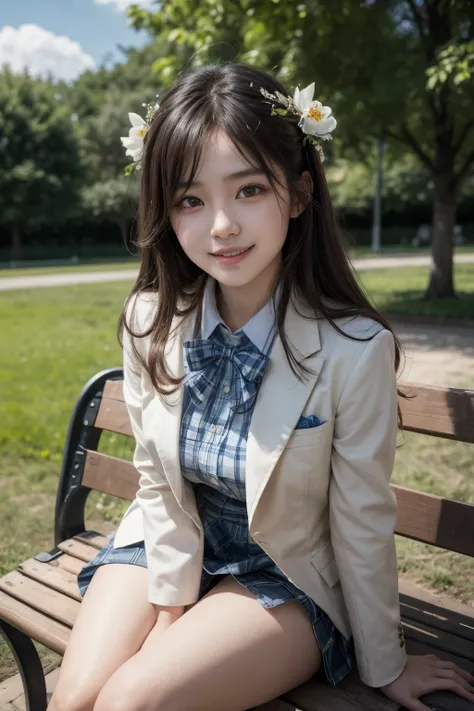 very cute and beautiful japanese girl,teen,(Japanese idol),(highly detailed beautiful face:1.2),(symmetrical clear eyes:1.3),
blazer beige jacket,collared shirt,plaid bowtie BREAK detailed legs,zettai ryouiki,brown shoulder bag,
(smile:1.2),happy,sitting o...