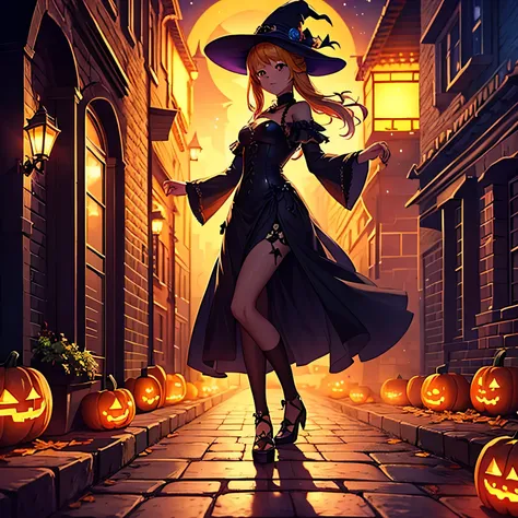 s dressed up as witches and ghosts, night, pumpkin lantern, pumpkin street lamp, Cobblestones, Brick House, fantastic atmosphere , bright, anime, atmospheric perspective, panorama, sparkle, UHD, anatomically correct, masterpiece, high details, high quality