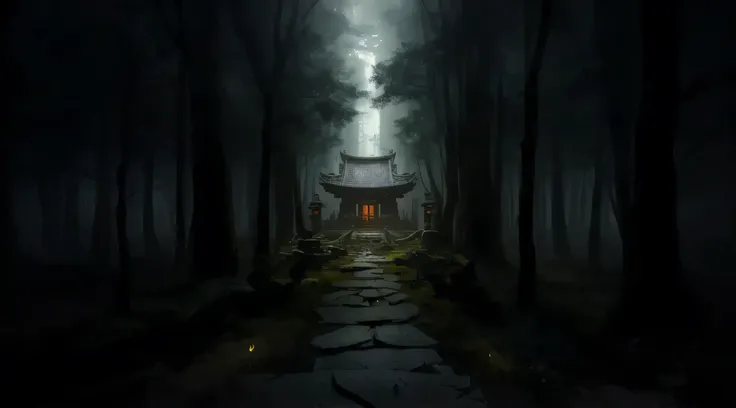 dark forest with a little house in the middle,  mysterious temple ,   mysterious temple hidden in the forest, cyberpunk japanese...