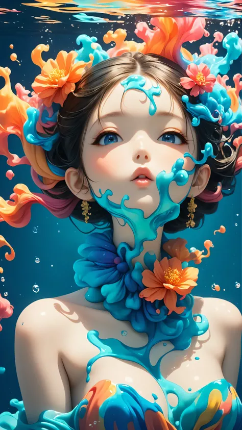 Colorful Abstract Art of Ink Forming a People, Lighting, Sub-Surface Scatterring, Glow, Award-winning Underwater Ink Art by Alberto Seveso, japanese anime, realistic, surreal, japanese goddess, 