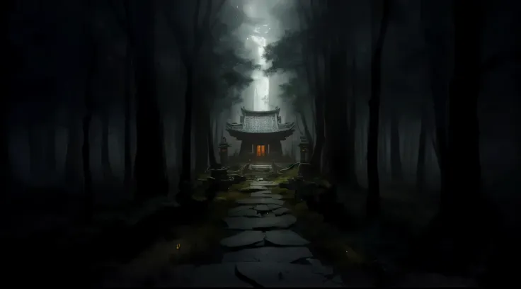 dark forest with a little house in the middle,  mysterious temple ,  mysterious temple の設定, cyberpunk japanese temple,  mythical...