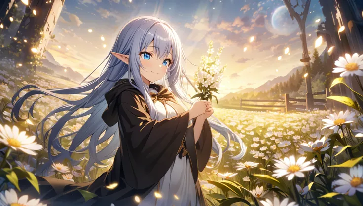 masterpiece、1 Elf Girl, Long Hair, blue eyes,  Dark Elf Girl ,  Magicians Robe , CG, fairies々Flowers are gathering the nectar of ,smile,Light effects,Beautiful flower field、 High Resolution , 