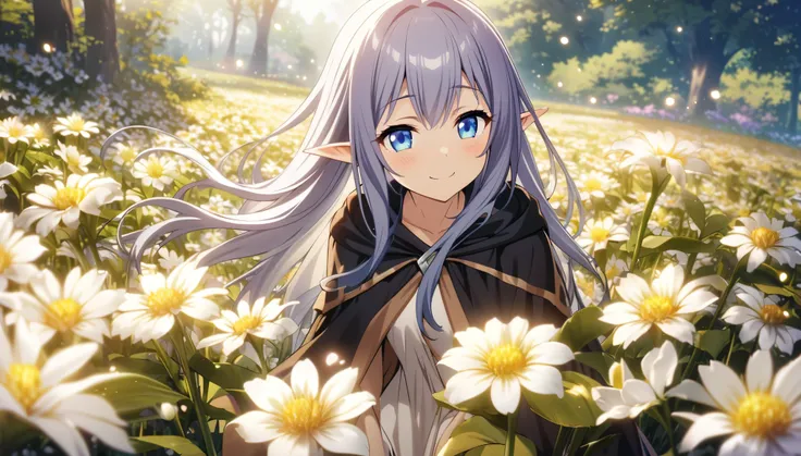 masterpiece、1 Elf Girl, Long Hair, blue eyes,  Dark Elf Girl ,  Magicians Robe , CG, fairies々Flowers are gathering the nectar of ,smile,Light effects,Beautiful flower field、 High Resolution ,
