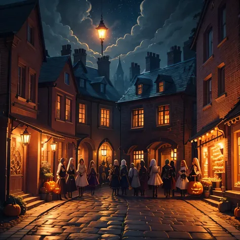 s dressed up as witches and ghosts, night, pumpkin lantern, pumpkin street lamp, Cobblestones, Brick House, fantastic atmosphere , bright, anime, atmospheric perspective, panorama, sparkle, UHD, anatomically correct, masterpiece, high details, high quality