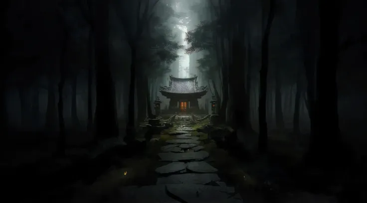 dark forest with a little house in the middle,  mysterious temple ,   mysterious temple hidden in the forest, cyberpunk japanese...