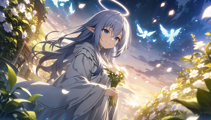 masterpiece、1  Dark Elf Girl , Long Hair, blue eyes,  Dark Elf Girl , Angels Robe , CG, While Angels Grow Flowers、 Playing with the Spirits in the Sky ,smile,Light effects,Garden in the Sky、 High Resolution ,