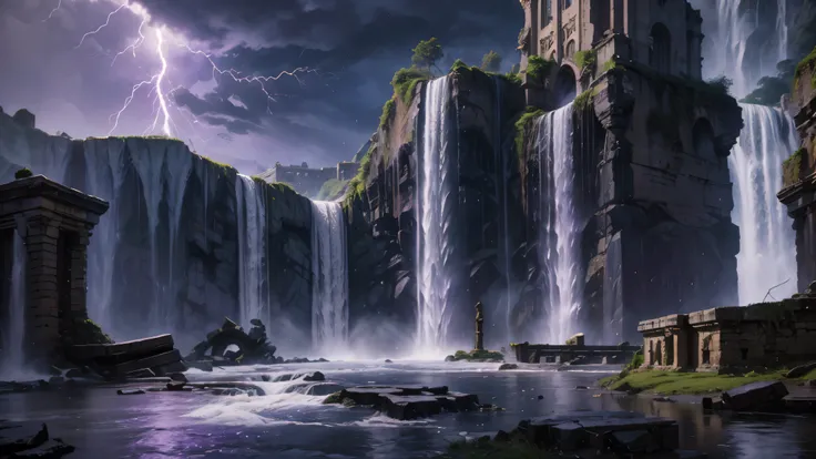 (Purple Stone City behind a giant catarata) (Dark Fantasy) (night)  snowstorm at waterfall marks in the water . Storm over ancient ruins. City ruins between rocks , Streets of flooded rock ,  buildings between flooded fallen pillars,  flooded fantasy city ...