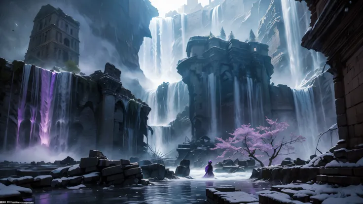 (Purple Stone City behind a giant catarata) (Dark Fantasy) (night)  snowstorm at waterfall marks in the water . Storm over ancient ruins. City ruins between rocks , Streets of flooded rock ,  buildings between flooded fallen pillars,  flooded fantasy city ...