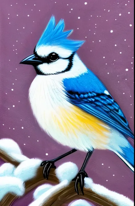 araffe bird with blue feathers sitting on a branch in the snow, a pastel by Roy Newell, flickr, fine art, bluejay, blue bird, beautiful!!!!!!!!!, black and blue, blues. beautiful, blue and black, bird, pale blue eyes!, blue eyes!, blue and black color sche...