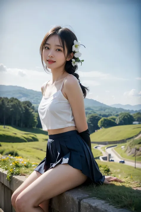 very cute and beautiful japanese girl,teen,(highly detailed beautiful face:1.2),(symmetrical clear eyes:1.3),
white camisole,(white panties:1.18) BREAK cheerful,(smile),twin braid,dynamic angle,
sitting,(spread legs),arms behind back,(pleated navy blue min...