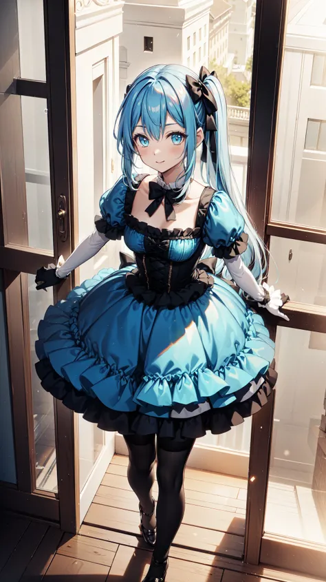 girl，， Have Fun ，in love，( A detective wears mostly gray Lolita，Complex clothing design，Multi-layer transparent ，Wear pantyhose:1.2)，(  black ruffle bow gloves  )，Lace，wrinkle，Bubble Skirt，shawl，Lovely decoration ， Cyan hair ， Multiple ponytails ， Golden E...