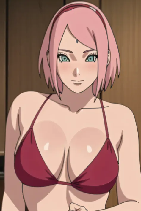 sakura, pink hair, short hair, 1girl, in a smile cooking in your room, , (big breast),(((wearing a red  bikini)showing a lot of ...