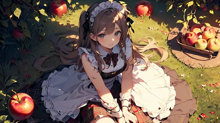 (( best quality ,(masterpiece:1.2)， Perfect composition ， 1 Light Brown Long Hair ,  Cute Apple Girl , Guvez Style Artwork , tie up hair， with flowing hair， Girl Adopting Apple ，apple tree，Apple Decoration ，Plaid Skirt( similar maid dress style)，bow tie(ri...