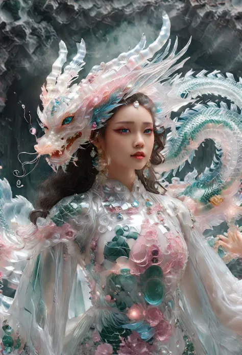 A mesmerizing photorealistic illustration showcases a futuristic transfemme character undergoing an extraordinary metamorphosis. Transforming into a hybrid mecha dragon- morph, the thai girls boasts a blend of traditional Jade and elements. Clad in a gloss...