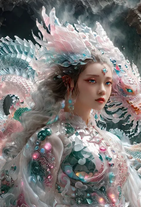 A mesmerizing photorealistic illustration showcases a futuristic transfemme character undergoing an extraordinary metamorphosis. Transforming into a hybrid mecha dragon- morph, the thai girls boasts a blend of traditional Jade and elements. Clad in a gloss...