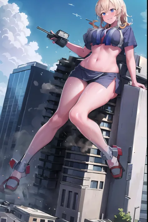 ((giantess)), 1 rapariga, tuscalosa_kancolle, Woman destroying a city, Big cities, Glass building, Pleasure, Long legs, Sweat, Falling sweat, giga giantess, blue sky, (hugebreast), Curvaceous, smile, Background of the metropolis, fullbody, Destroyed City, ...