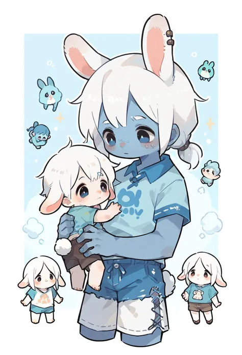 Dwarf rabbit boy，Bunny ears，Hairy boy，Baby characteristics，Blue Skin，Blue Arm， white hair ，Short sleeve，shorts