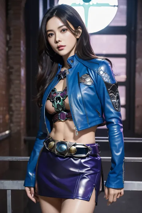  High Resolution 、High image quality、Full-length portrait of a woman、Purple long hair、Beautiful Eyes、Muscular、((( Hero Transformation Poses )))、((( Kamen Rider Transformation Poses)))、Blue leather jacket、 Blue Leather Miniskirt 、Warehouse District 、Contain...