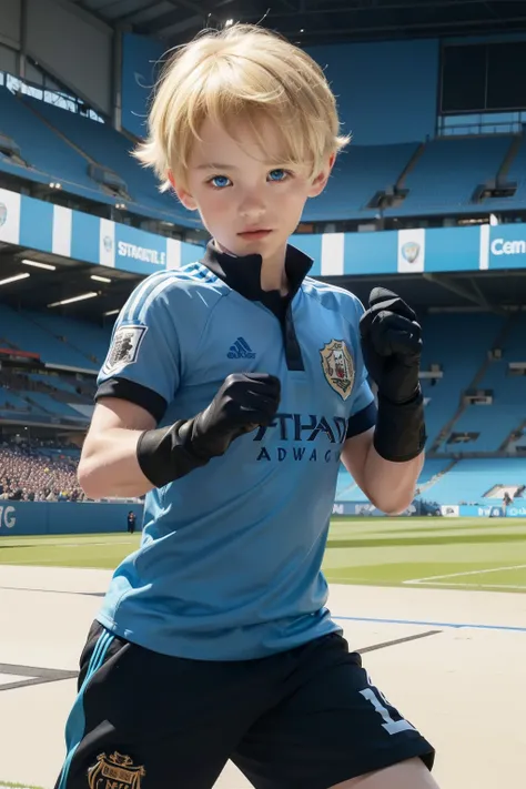 Cute boy, blonde hair, blue eyes, wearing a Manchester City kit, black gloves, football field in the background 