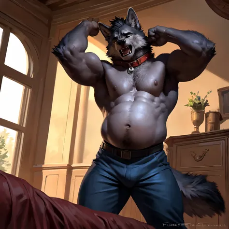 (by taran fiddler, by chunie)(realistic shadows)(3 point perspective scene)perspective scene, solo, anthro, sexy, male, wolf, (pain face expression:1.3), hands rubbing belly, athletic body, bloated abs, belly has abs, muscle belly, sexy body, musculature, ...