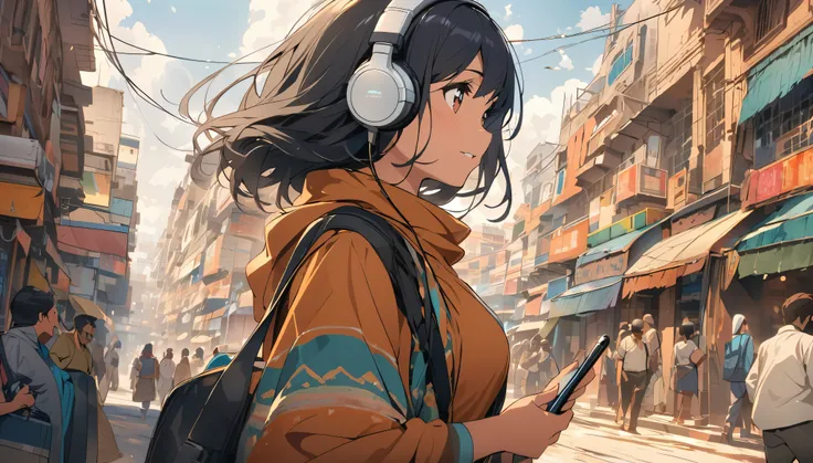 Indian woman looking at the city of Delhi,Streetscape、Listening to music with headphones
