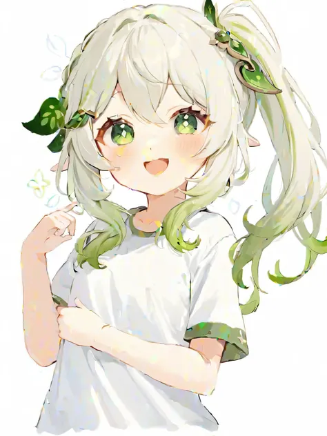 nahida_\(genshin impact_influence\), 1 girl, green_eye, sharp_ear, shirt, multicolor_hair, white_hair, white_shirt, side_ponytai...