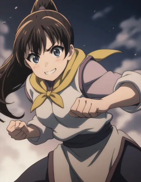 score_9, score_8_up, score_7_up, gsfghtr, multicolored robe, neckerchief, natural Lighting, blue sky, 1girl,solo,looking at viewer,blush,smile,fighting stance