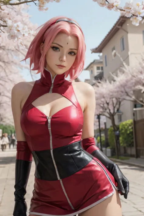 tmasterpiece， Best quality at best， 1girll， Sakura Haruno， Large breasts，sexy ninja suit attire，（cleavage)，（upperbody closeup)，Raised sexy，is shy，ssmile，with pink hair， long whitr hair， （Green eyeballs:1.4)， Forehead protection， the cherry trees，Cherry blo...