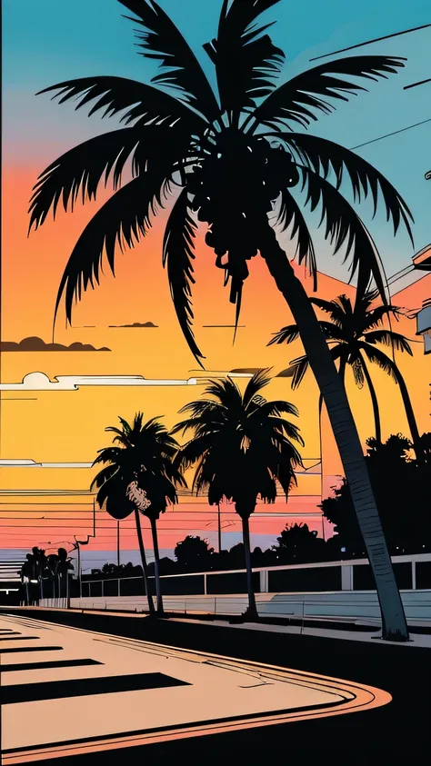 Retro Girl, Miami, sunset, Ferrari,  palm trees, 90s, ( flat color , Flat texture, Line art:1.2), Graphical design, (Dark Ink, Ink Black),