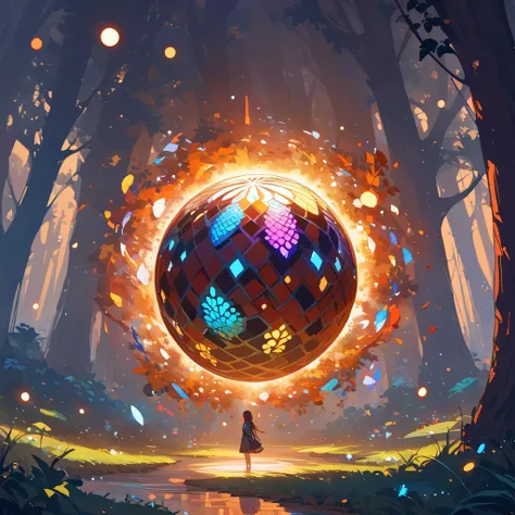 A magical glowing pinecone mirror ball suspended in a enchanted forest clearing. The pinecone is larger than normal, about the size of a basketball. Its scales are covered in tiny mirror fragments, reflecting and scattering light in all directions. The cor...