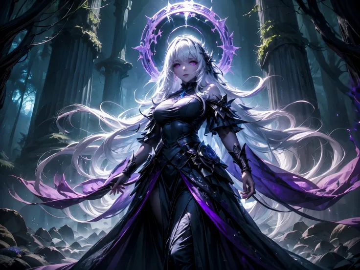 A mysterious witch with long white hair and glowing eyes, wearing a torn, dark purple gown. She stands provocatively, one hand extended, casting a spell in an enchanted forest. Glowing orbs of light surround her as fog rolls over the forest floor.