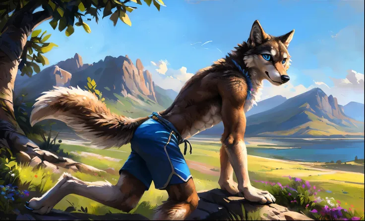 ((Solo)), male people, anthro wolf, (Multi-colored fur, White-brown:1.3，White tail pointed), (Height 2.1m,Tail length 1.2m), ((Wolf face, Big eyes, White eyelids, Blue pupil, Slim:1.2) (Tough, Calm expression:1.2)), Abs, Slim, pinging)), (Correct anatomy),...