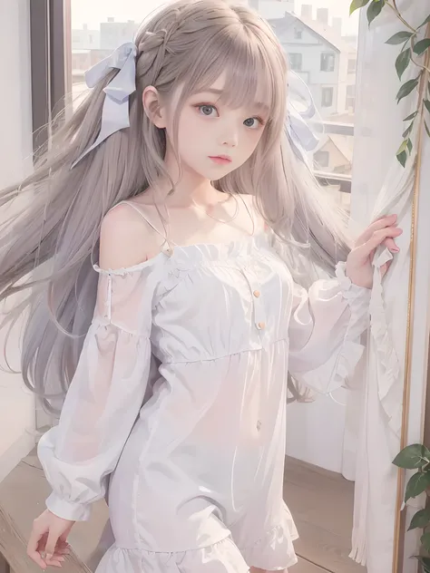 (masterpiece、Best Quality、Best Quality、beautiful, beautiful:1.2)、 simple background、From afar、(Watercolor 1.5)、(Pigment Thin 1.5)、 curly hair、 half up twin tail、 Hair Ribbon、 1 girl、Bibi-chan、( fractal art :1.3)、Blonde、Silk camisole、Cheeky