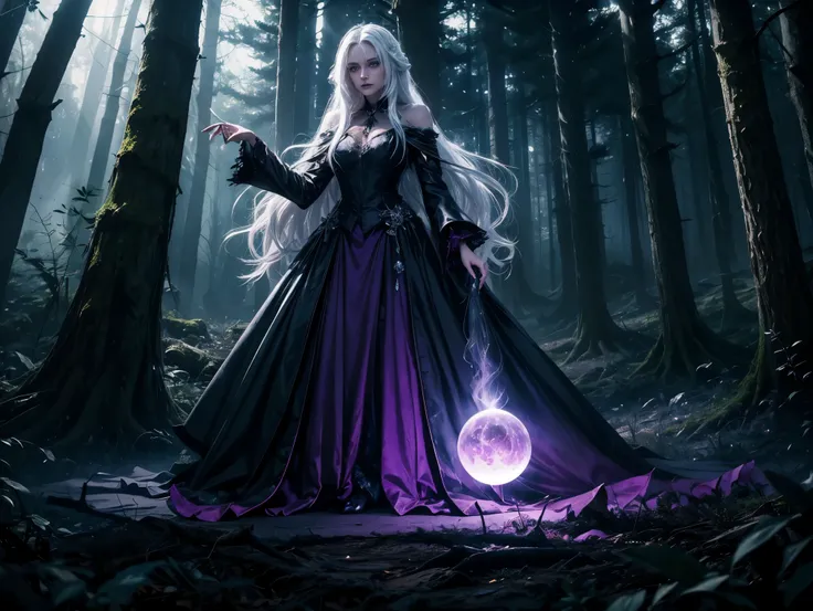 A mysterious witch with long white hair and glowing eyes, wearing a torn, dark purple gown. She stands provocatively, one hand extended, casting a spell in an enchanted forest. Glowing orbs of light surround her as fog rolls over the forest floor.
