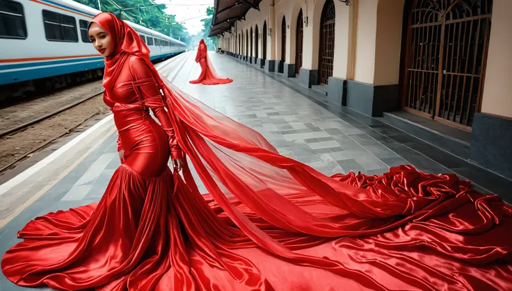 woman shrouded in a 10-meter-long, plush red semi transparent satin shimmer cloth, tightly bound and grandly draping along the form of her body, flowing off into a pooled floor-length train, styled in a mermaid-inspired outfit, her head modestly veiled in ...