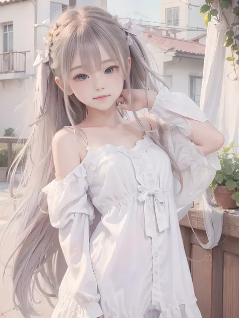 (masterpiece、Best Quality、Best Quality、beautiful, beautiful:1.2)、 simple background、From afar、(Watercolor 1.5)、 curly hair、 half up twin tail、 Hair Ribbon、 1 girl、smile、( fractal art :1.3)、Blonde、Silk camisole、