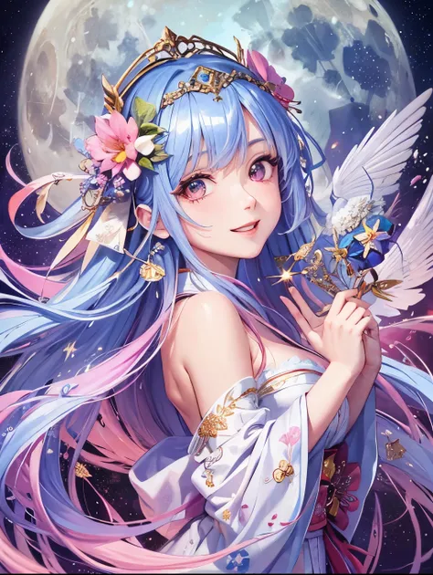 masterpiece, Super detailed, 【FHD,  absurd,   Celestial Maiden Woman, Orihime, Lovely Feather Robe  , happy, smile, Left facing, Open your eyes, Big Eyes, 20 years old, full moon, Stardust, meteor, night,  fantasy, beautiful,  cell animation , hime cut, Si...