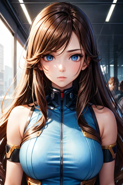 female-looking cyborg, human face, long hair, brown hair, wavy hair