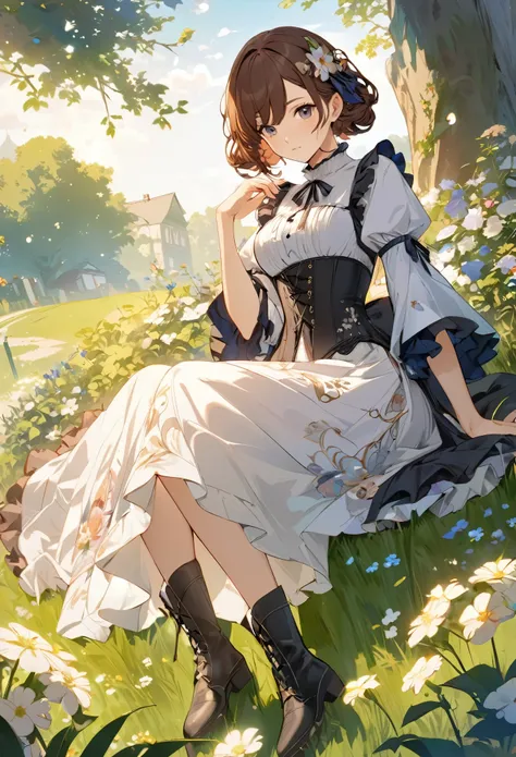 Captivating view of a young woman reading a book on the grass,(((Watercolor))),  ((( upper body))), (((gothic))), ,she was adorned with hair accessories、,  wavy brown hair。 Ruffle Mini Skirt, sheの表情は自然だ, a calm look. she wore a dress with ruffled sleeves a...